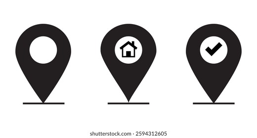 Geolocation Icon Set Featuring Outline and Solid Designs in Black and Red. Vector illustration.