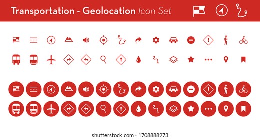 Geolocation Icon Set. Transportation Symbol Bundle. Professional Urban Pictogram Pack For GPS Based Apps. User Interface Vector Elements. Buttons. Technology. Modern And Simple. Positive And Negative.