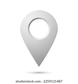 The geolocation icon is silver with highlights and shadows on a white background. Realistic geolocation map pin code icon. Vector EPS 10.