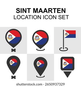 Geolocation icons with the flag and identity of Sint Maarten for Caribbean-themed projects.