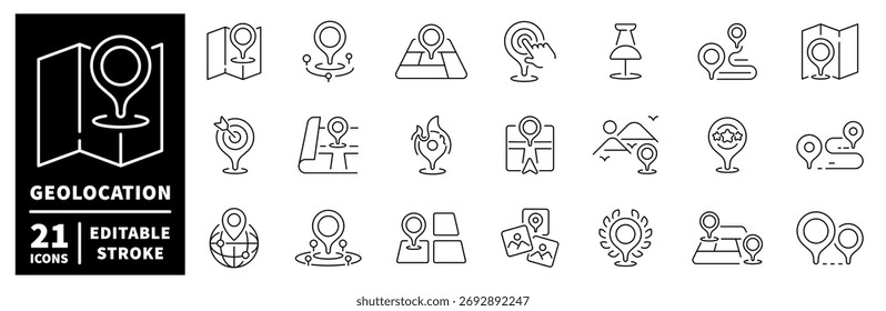 Geolokalisierungs-Icons gesetzt. bearbeitbare Liniensymbole, Umrisse, Navigation und Kartensymbole