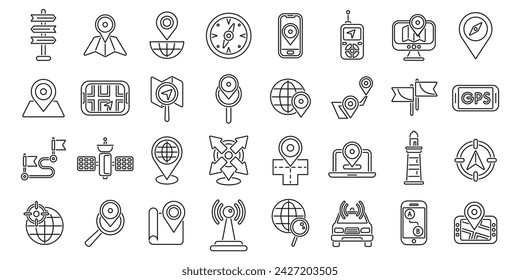 Geolocation icons set outline vector. Pin map location. App tourism mobile