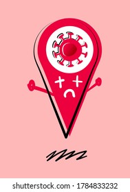 Geolocation of infected area concept. Geo position icon with the image of a covid-19 virus molecule.  Epicenter of the infection, map, point, epidemic, danger. Stock vector illustration.