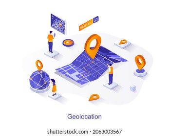 Geolocation isometric web concept. People track route on map with point marker, search by geolocation. GPS navigator with pin location sign scene. Vector illustration for website template in 3d design