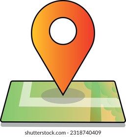 Geolocation label. Orange tag above a green map. Black outline and gray shadow below. Vector illustration.
