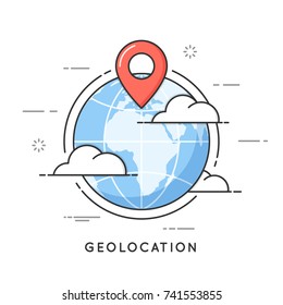 Geolocation. location pin, navigation, local seo. Flat line art style concept. Vector banner, icon, illustration. Editable stroke.