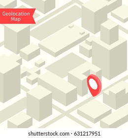 Geolocation map with buildings and roads. Minimalistic navigation map. Location with pin pointer. Isometric vector illustration of part some city or town.