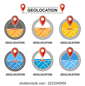 Geolocation map pin pointer, gps navigation, location point on road icon set. Tracking transport travel route, find place on driving way. Direction destination pinpoint, address marker, geotag. Vector