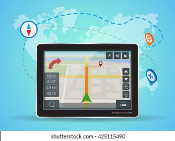 Geolocation Mobile gps navigation touch screen tablet. World Map. Tablet PC. Technologies Concept. 