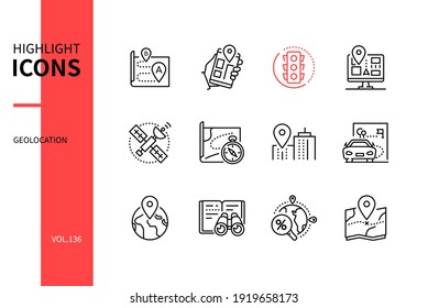 Geolocation - modern line design style icons set. Navigation system and route mobile app idea. Traffic, gps navigator, satellite, position, geotag, get directions, location, guidebook, search, map