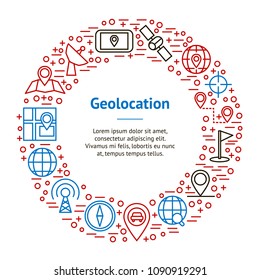Geolocation Navigation Banner Card Circle Web and App Include of Pin, Pointer, Road and Flag. Vector illustration of Gps Pins