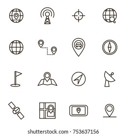 Geolocation Navigation Black Thin Line Icon Set or Web and App Include of Pin, Pointer, Road and Flag. Vector illustration of Gps Pins