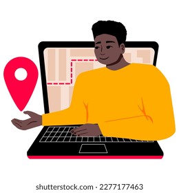 Ortung und Navigation, GPS, Orientierung an Ort und Stelle. Aktuelles Standortkonzept. Online-Karte auf dem Laptop. Mann. Vektorgrafik