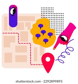 Geolocation and navigation, gps, orientation in place. Current location concept. Online map on the laptop. Abstract cute geometric elements. Vector illustration