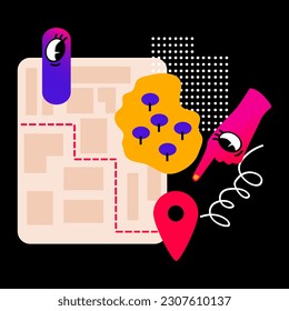 Geolocation and navigation, gps, orientation in place. Current location concept. Online map on the laptop. Abstract cute geometric elements. Vector illustration on black background