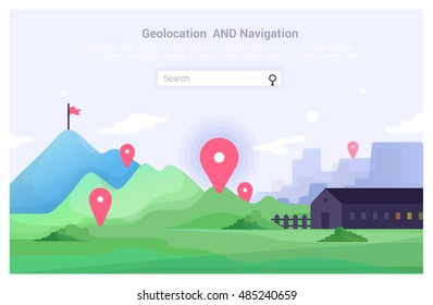 Geolocalización y navegación, marcadores de ubicación, destinos turísticos calientes, banner horizontal, ilustración vectorial en el estilo de un plano moderno.
