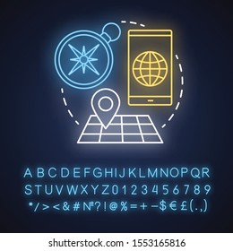 Geolocation neon light concept icon. GPS idea. Search route, choose destination. Map with geotag. Navigator app. Glowing sign with alphabet, numbers and symbols. Vector isolated illustration