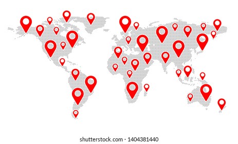 Geolocation on the world map. Planet Earth. America, Asia, Africa, USA. Red markers  icons. Map of points. Global network. Flat design. Vector illustration EPS10.