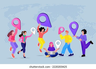 Geolocation of people from around the world. video conference communication. globe maps travel geolocation world. Meeting place concept. company of friends. Organization of joint trip. vector