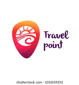 Geolocation pin with badge inside. Point map check location in navigation. Travel point.  Modern design logotype on white background. 