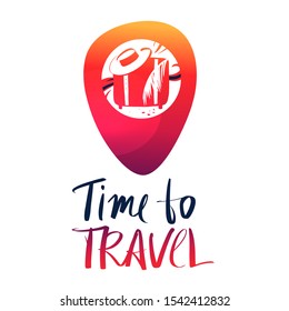 Geolocation pin with badge inside. Point map check location in navigation. Travel point.  Modern design logotype on white background. Text time to travel