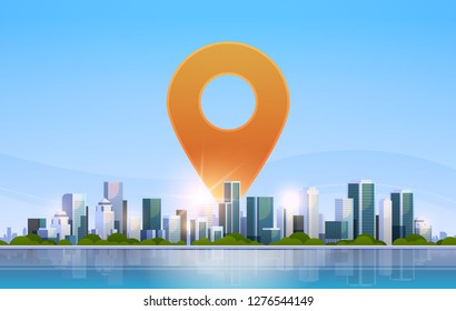 geolocation pin geo tag icon destination navigation position concept over big modern city building skyscraper cityscape skyline flat horizontal