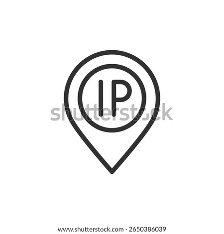 Geolocation pin with IP label, linear icon. Internet protocol and location tracking. Line with editable stroke
