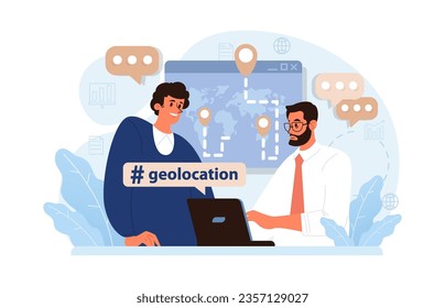 Ortungsstift, Ortungsstelle. Charaktere, die ein digitales Gerät zum Senden von Beiträgen und Teilen von Beiträgen in sozialen Medien verwenden. Globale Kommunikation, virale Inhalte und Feedback. Flache Vektorgrafik