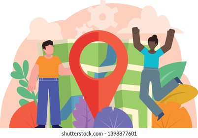 Geolocation pin, point. We're moving concept. Man and woman stand near big map, location point. Poster for social media, web page, banner, presentation. Flat design vector illustration