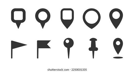 Geolocation Pins und Pints für touristische App. Isolierte Silhouette-Symbole von Position und Flagge. Minimalistischer monochrome Locator. Vektorgrafik auf Flach-Art