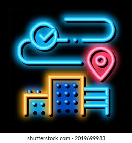 geolocation in residential buildings neon light sign vector. Glowing bright icon geolocation in residential buildings sign. transparent symbol illustration
