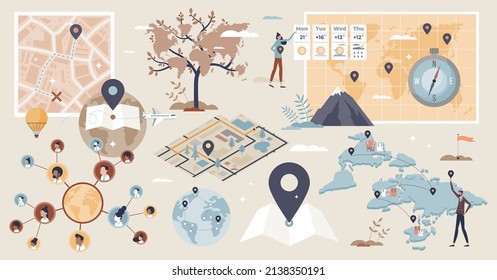 Geolocation set and GPS location or direction guide tiny person collection. Items with map navigation system, destination route calculation with road traffic vector illustration. Cartography elements.