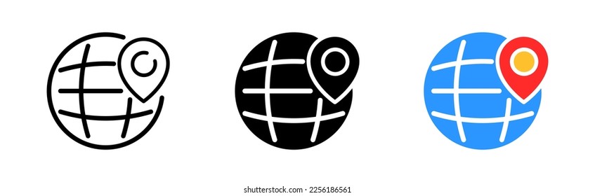 Geolocation set icon. Location, map pointer, planet, Earth, globe, orientation, travel, destination. Navigation equipment concept. Vector icon in line, black and colorful style on white background