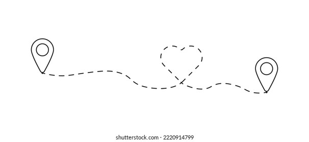 Geolocation set icon. Pointer, route, map, flaf, location, navigation, cartography and topography, route in heart view. Gps concept. Vector line icon for Business and Advertising