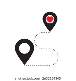 Sinal de geolocalização com um coração. Ponteiro no mapa com um ícone de coração. Relacionamento de longa distância. O amor não conhece distância. Ilustração vetorial.