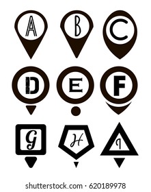 Geolocation signs set. Geolocate and navigation signs. Black and white geo pins icons set. Map pointer, vector icon, flat design. Map Marker.