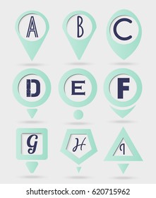 Geolocation signs set. Geolocate and navigation signs. Colorful geo pins icons set. Map pointer, vector icon, flat design. Map Marker.