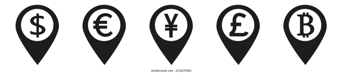 Geolocation Signs With World Currency Symbols. Made In A Modern Style. Vector Illustration Eps10