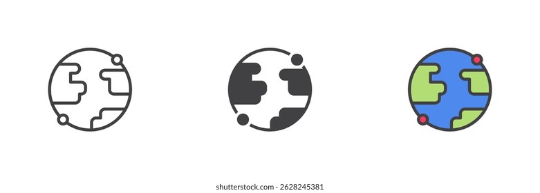 Geolocation technology different style icon set. Line, glyph and filled outline colorful version, outline and filled vector sign. Satellite navigation symbol, logo illustration. Vector graphics
