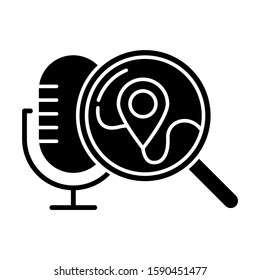 Geolocation voice request glyph icon. Location search. Sound control, microphone command, magnifying glass. Smart assistant. Silhouette symbol. Negative space. Vector isolated illustration