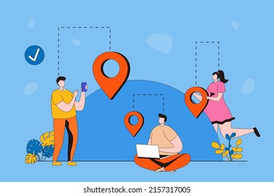 Geolocation web concept in flat 2d design. Men and women using GPS navigation with pin location in apps for smartphone or laptop, search destination and distance. Vector illustration with people scene