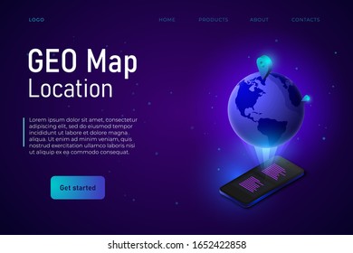 Geolocation webpage template. Geo map isometric earth illustration with geo pins.