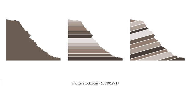 Geologic rock slope vector set.  Sedimentary structure. Horizontal bedding and incline bedding.