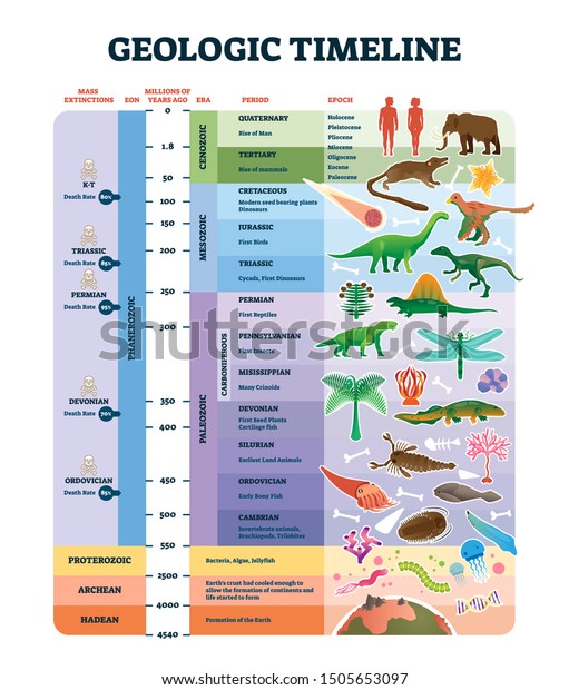 Geologic timeline scale vector illustration.\
Labeled earth history scheme with epoch, era, period, EON and mass\
extinctions diagram. Educational inforgraphic with examples,\
explanation and\
description