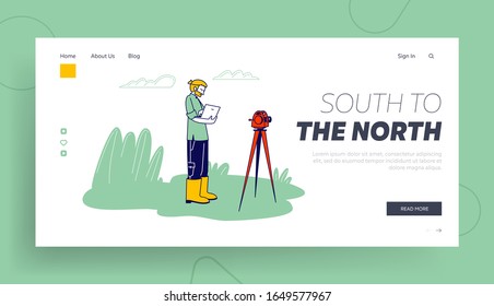 Expedición Geológica o Arqueológica, Minería de Recursos, Página de Aterrizaje del Sitio Web de Descubrimiento. Geólogo o arqueólogo Estar cerca del banner de la página web de Theodolite. Ilustración de vectores planos de caricatura, arte de línea