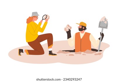 Geological expedition. Flat man dug up and found an interesting mineral. Woman scientist with a magnifying glass analyzes the find. Cartoon illustration isolated on white background