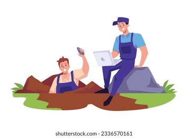 Geological expedition. The man dug up and found an interesting mineral. A man with a laptop sits on stone. Vector illustration of cartoon geologist characters isolated on white background