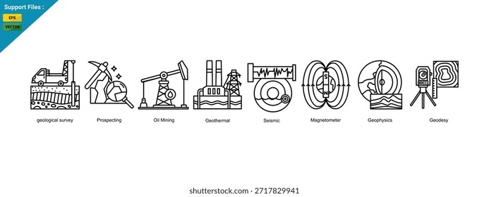 Línea de exploración geológica Anuncio Web Conjunto de iconos Ilustración vectorial, Encuesta geológica Prospección de petróleo Minería Geotérmica Sísmico Magnetómetro Geofísica Geodesia