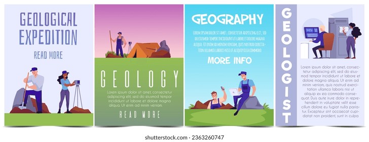 Geological laboratory and expedition excavations vector posters set. Geologists women and men take geodetic measurements, excavate, analyze. Cartoon scientific characters and technical equipment items