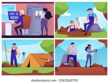 Montaje de ilustraciones vectoriales de laboratorio geológico y excavaciones de expedición. Geólogos mujeres y hombres toman medidas, excavan, analizan. Caracteres científicos de dibujos animados y artículos de equipo técnico